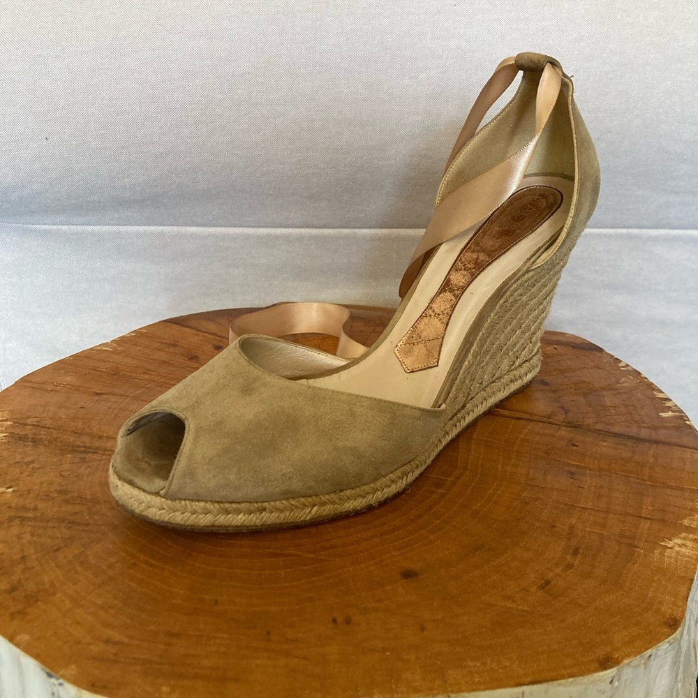 Tan Peep-Toe Wedge Espadrilles Sandals with Suede Material and High  Heel